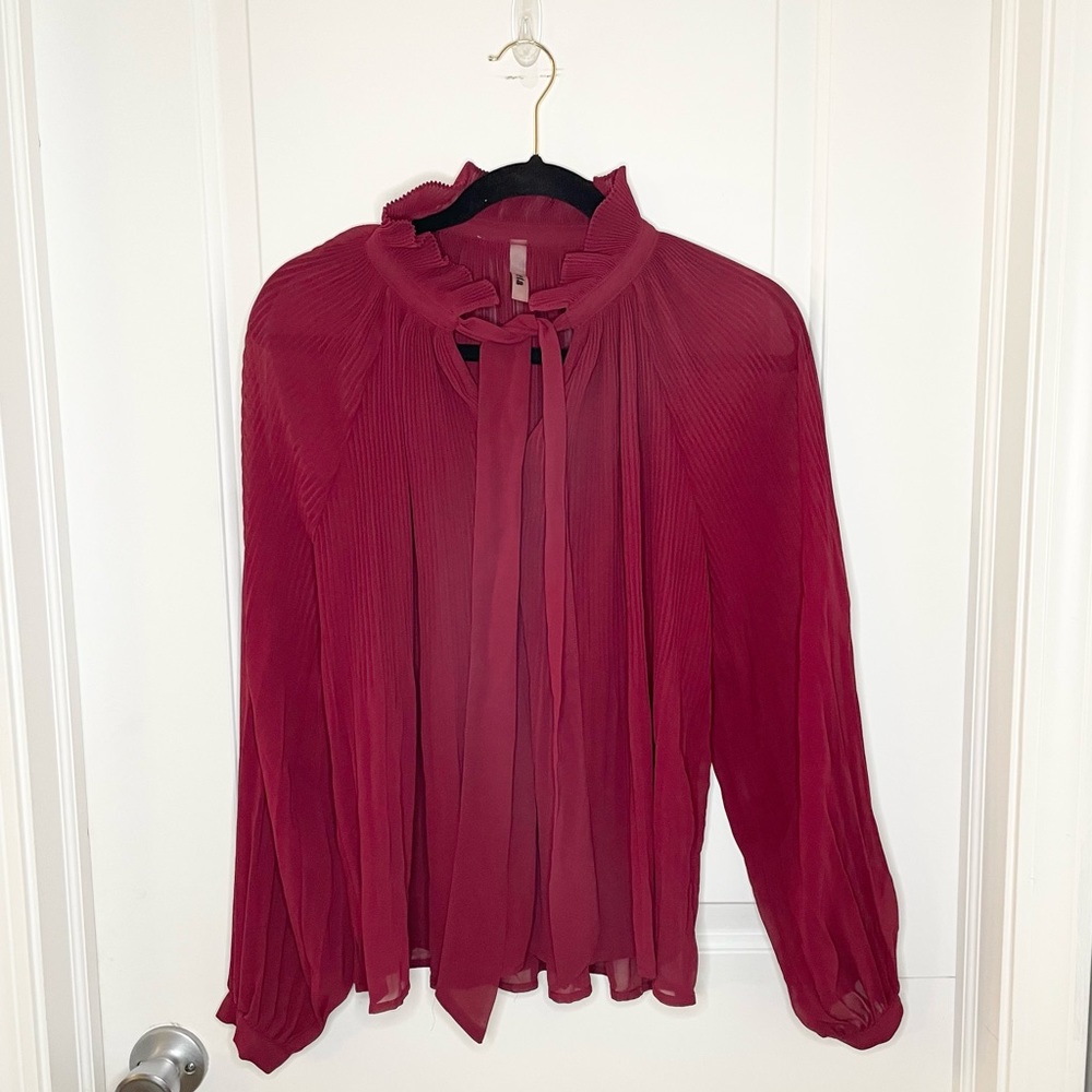 ETA long sleeve tie neck pleated blouse - sheer, red. Size Large